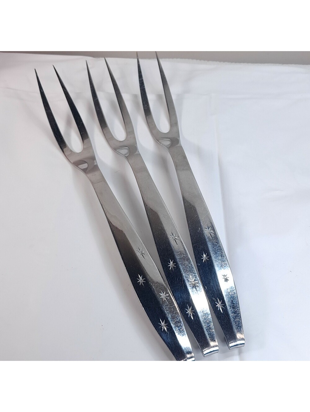 Vintage Regent Sheffield Atomic Starburst Solid Stainless Meat Fork set 3 stars